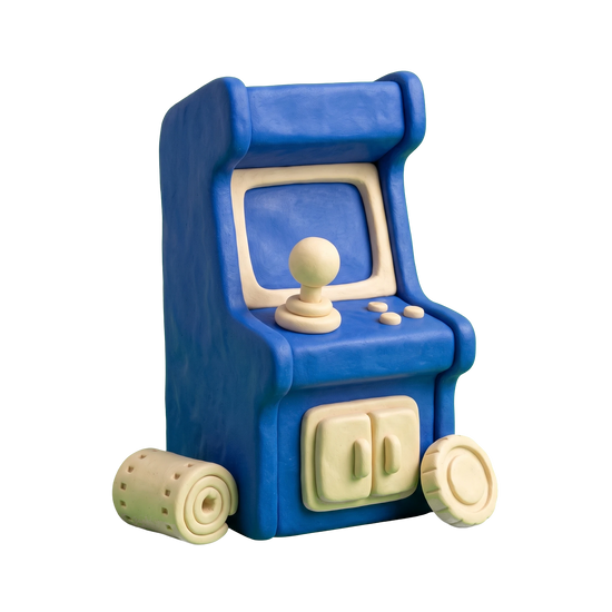 Video arcade illustration in blue and ivory clay