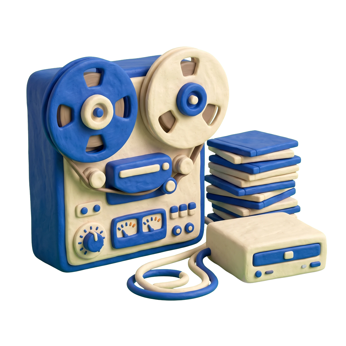 Video duplication service illustration in blue and ivory clay
