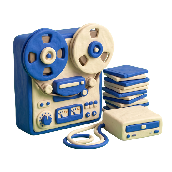 Video duplication service illustration in blue and ivory clay