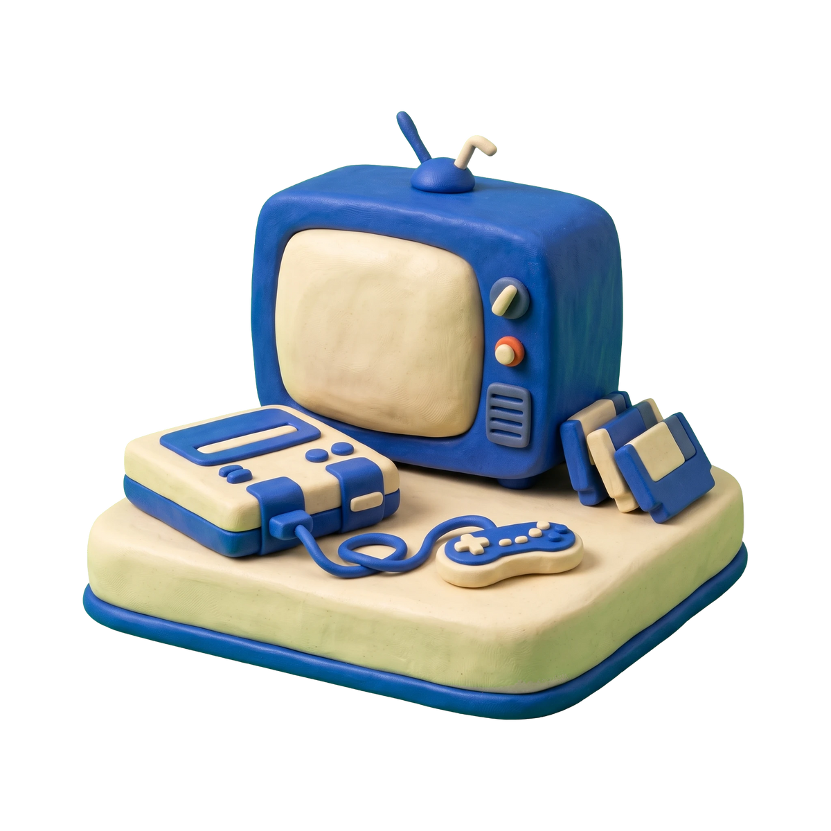 Video game rental store illustration in blue and ivory clay