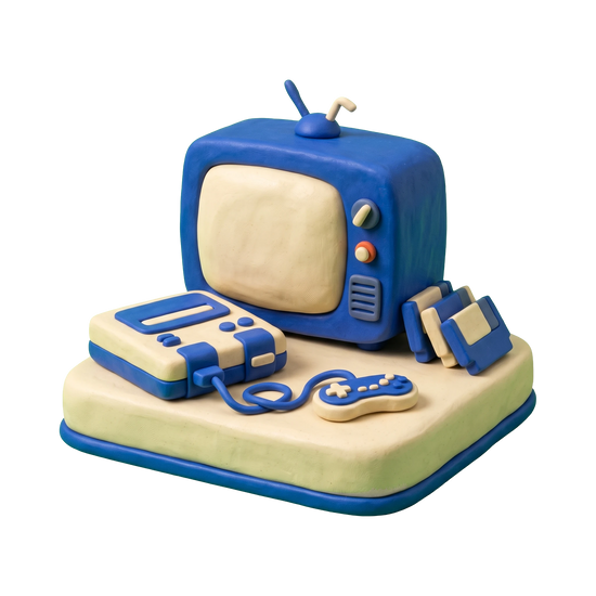 Video game rental store illustration in blue and ivory clay