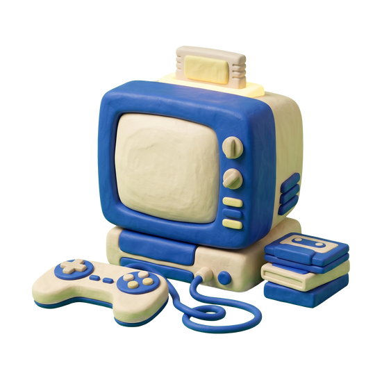 Video game store illustration in blue and ivory clay