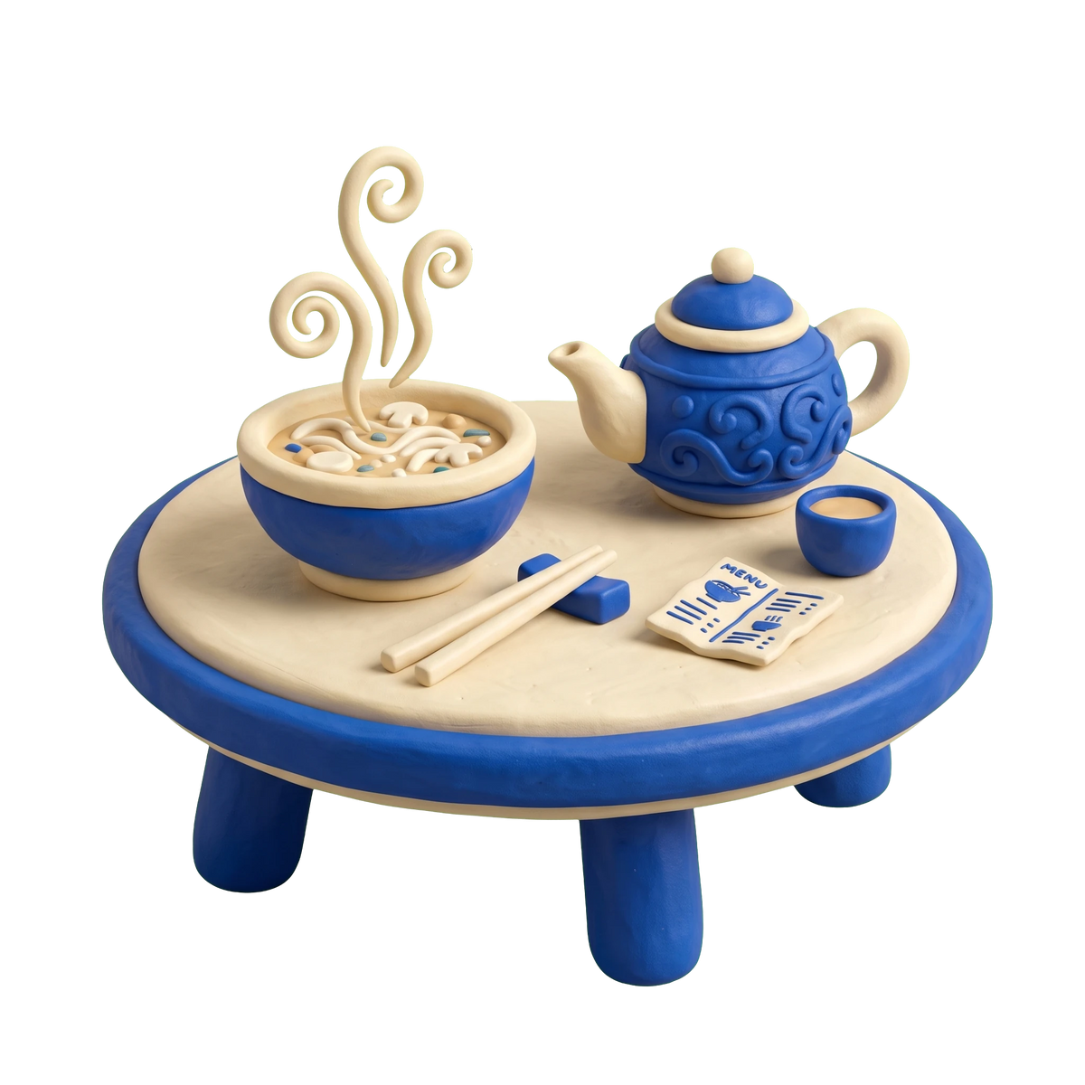 Vietnamese restaurant illustration in blue and ivory clay