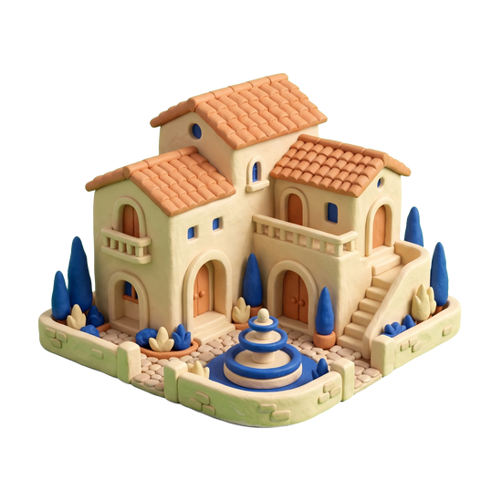 Villa illustration in blue and ivory clay