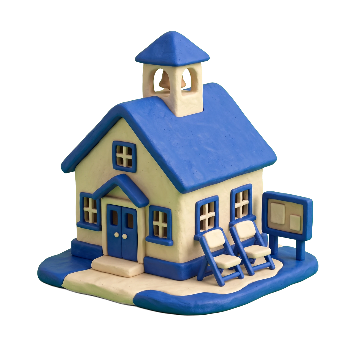 Village hall illustration in blue and ivory clay
