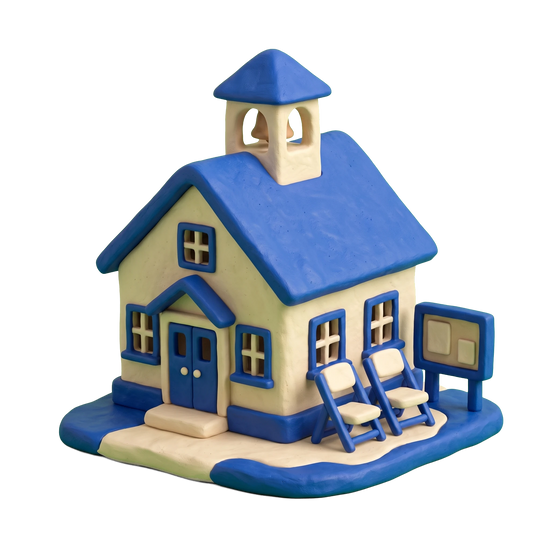 Village hall illustration in blue and ivory clay