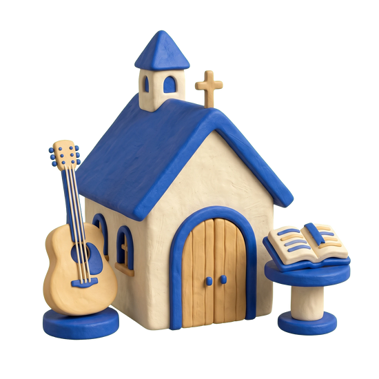 Vineyard church illustration in blue and ivory clay