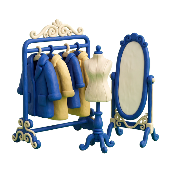 Vintage clothing store illustration in blue and ivory clay