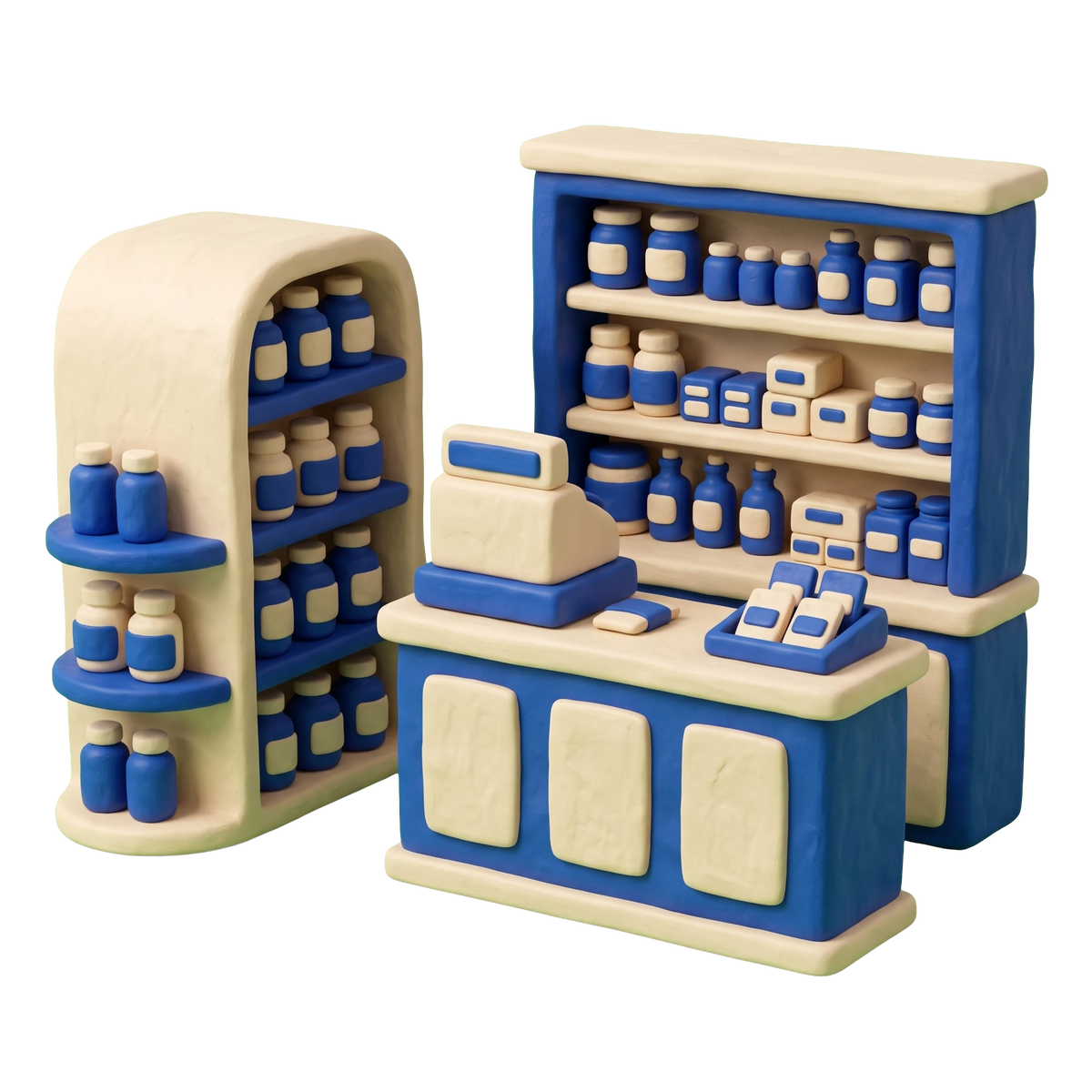 Vitamin & supplements store illustration in blue and ivory clay