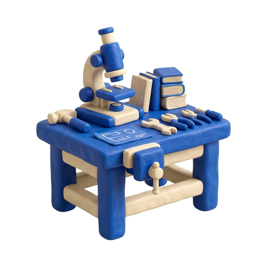 Vocational school illustration in blue and ivory clay