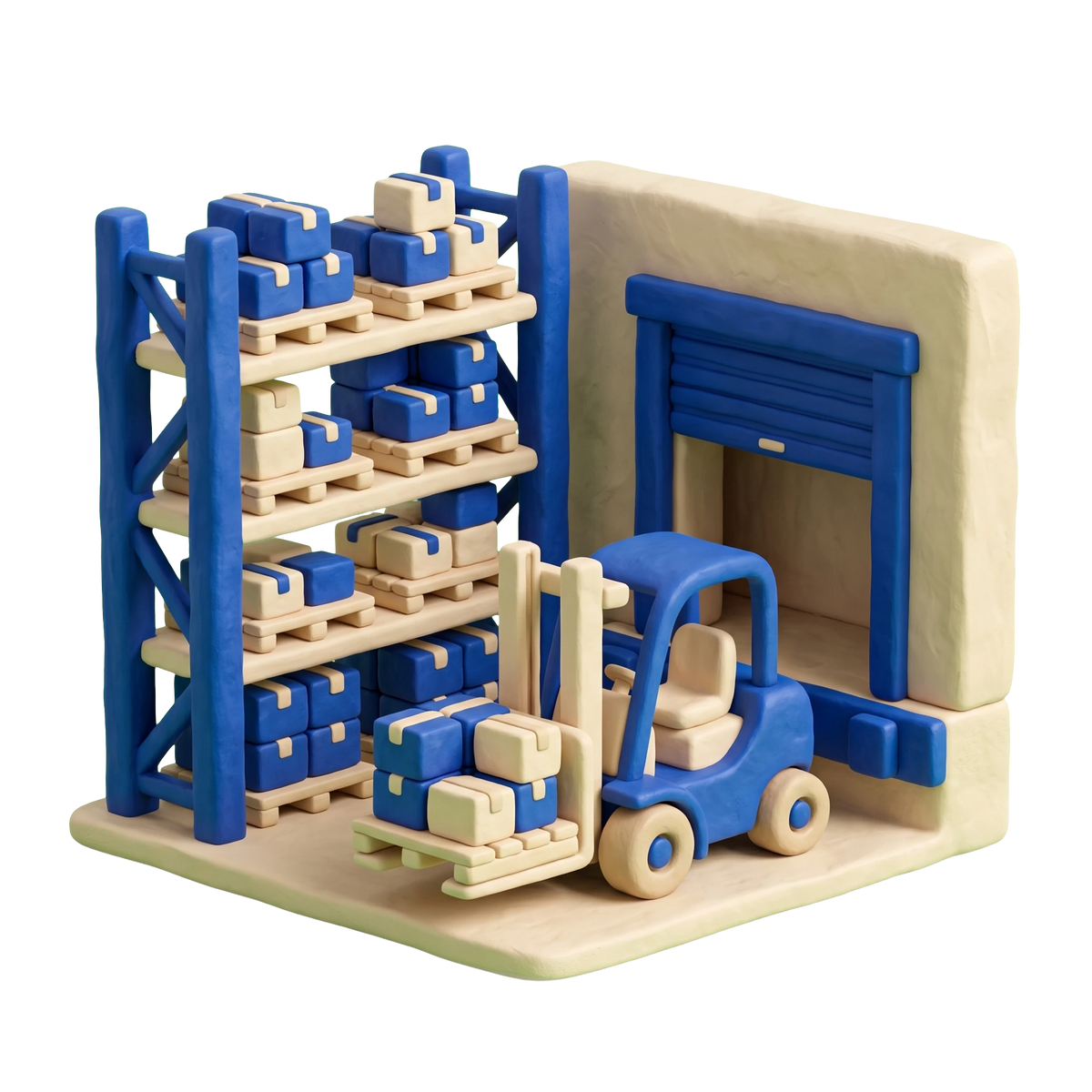 Warehouse illustration in blue and ivory clay
