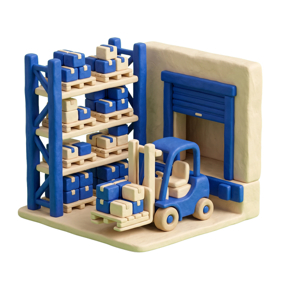 Warehouse illustration in blue and ivory clay