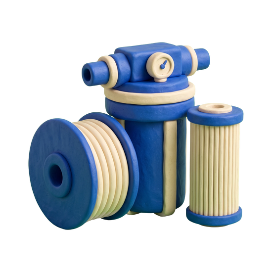 Water filter supplier illustration in blue and ivory clay