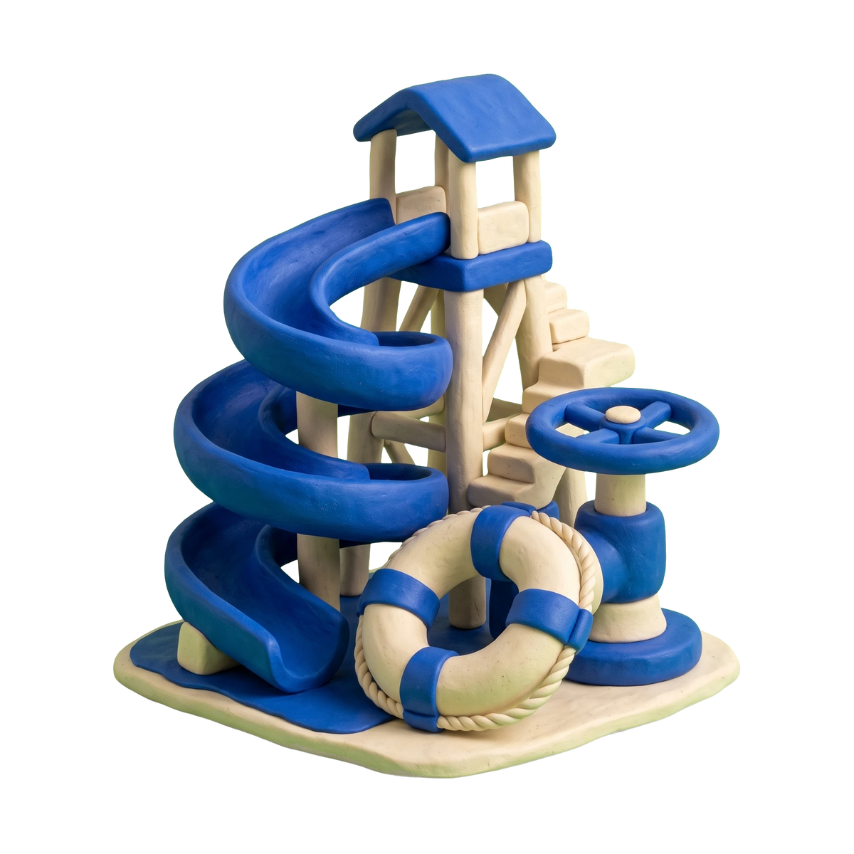 Water park illustration in blue and ivory clay