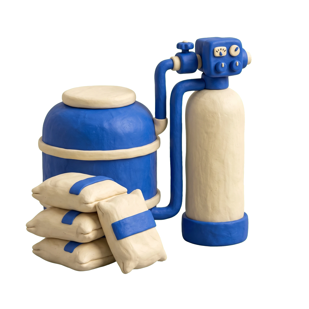 Water softening equipment supplier illustration in blue and ivory clay