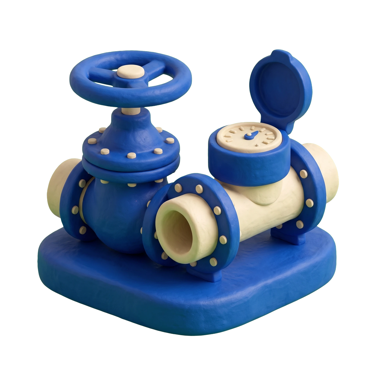 Water works equipment supplier illustration in blue and ivory clay