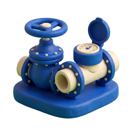 Water works equipment supplier illustration in blue and ivory clay