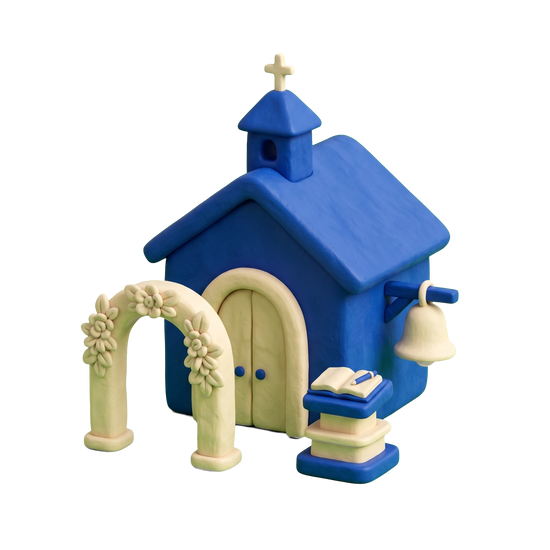 Wedding chapel illustration in blue and ivory clay