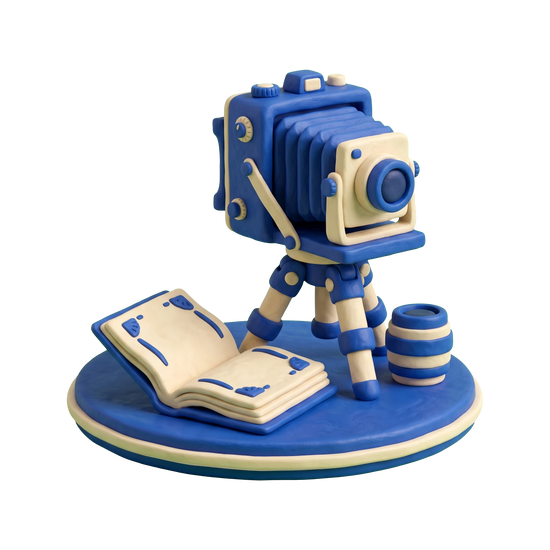 Wedding photographer illustration in blue and ivory clay