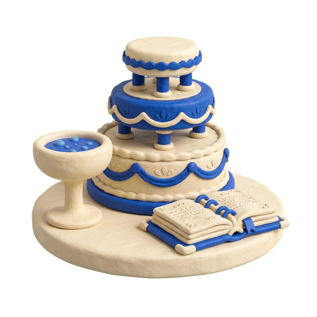 Wedding service illustration in blue and ivory clay
