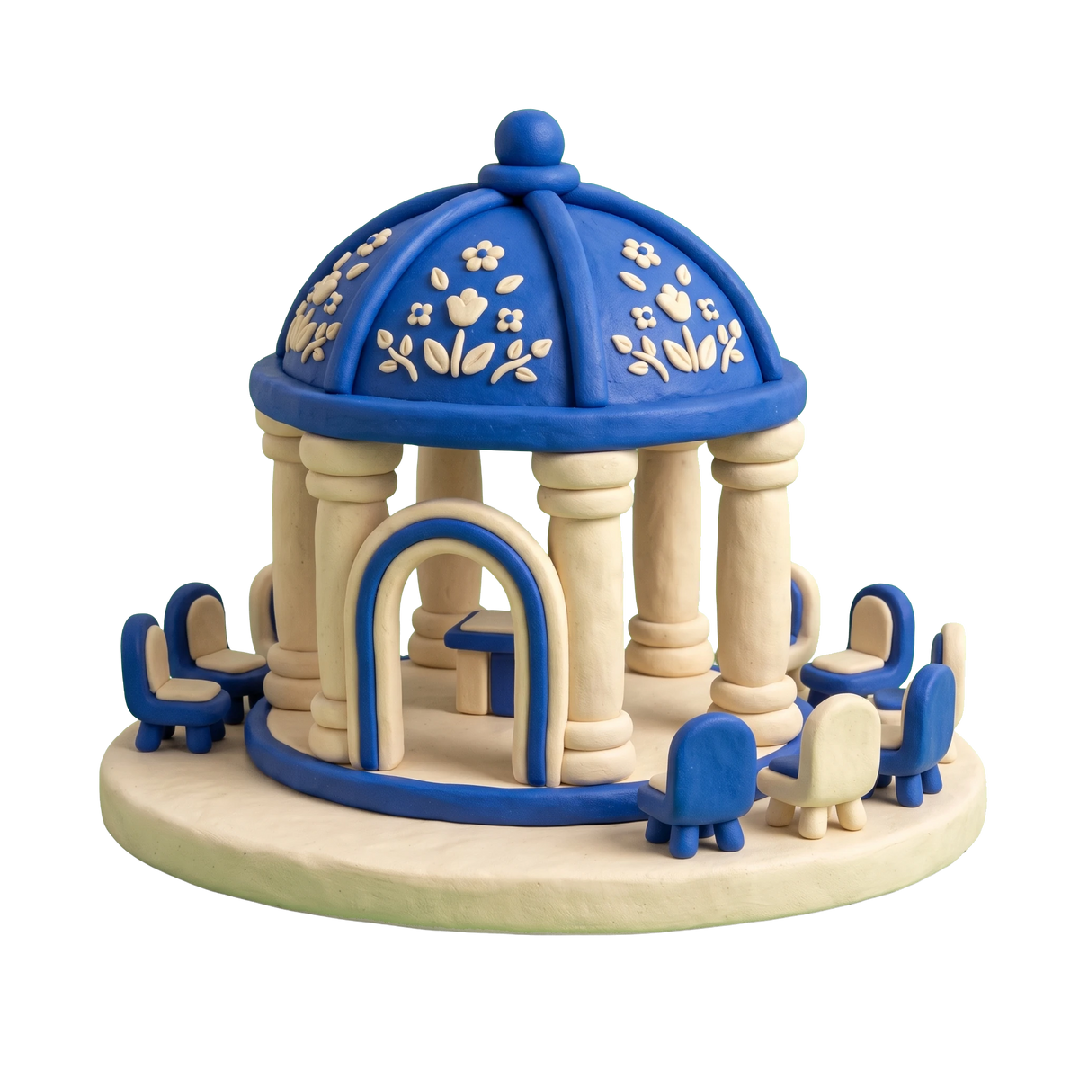 Wedding venue illustration in blue and ivory clay