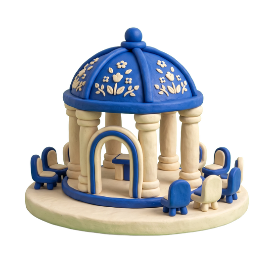 Wedding venue illustration in blue and ivory clay