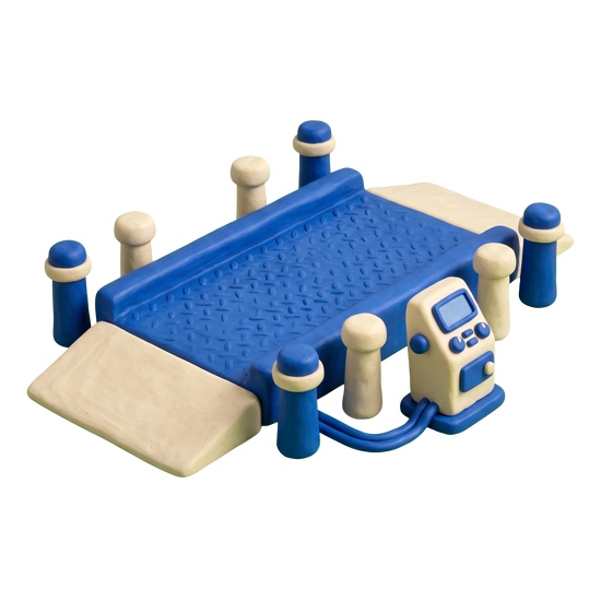 Weigh station illustration in blue and ivory clay
