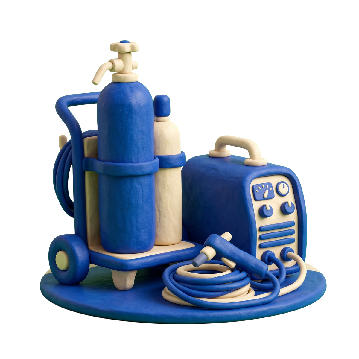 Welding supply store illustration in blue and ivory clay