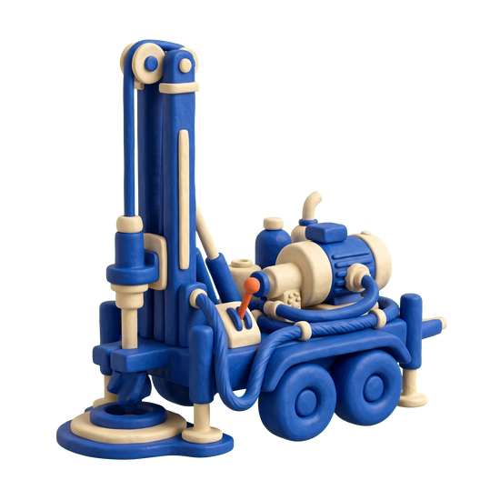 Well drilling contractor illustration in blue and ivory clay