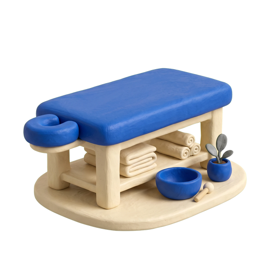 Wellness center illustration in blue and ivory clay