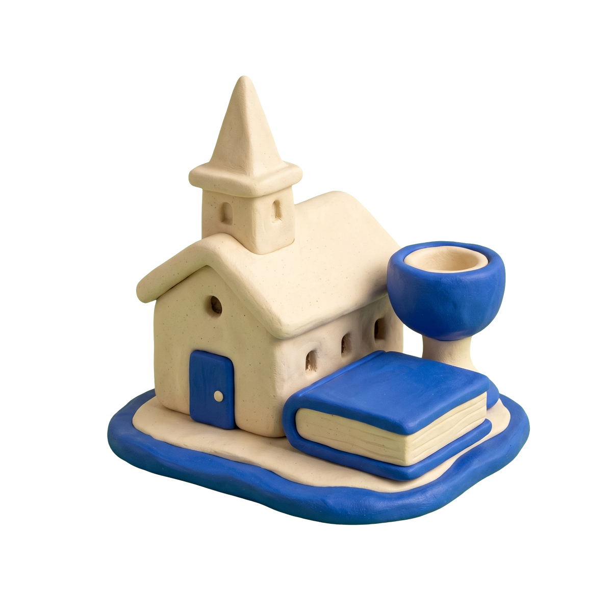 Wesleyan church illustration in blue and ivory clay