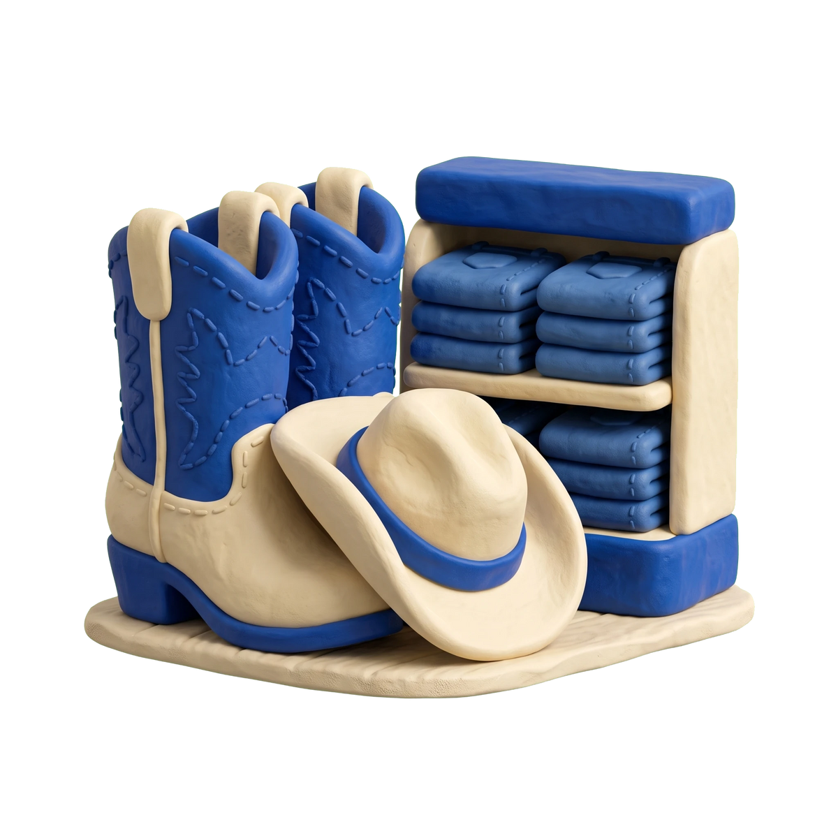 Western apparel store illustration in blue and ivory clay