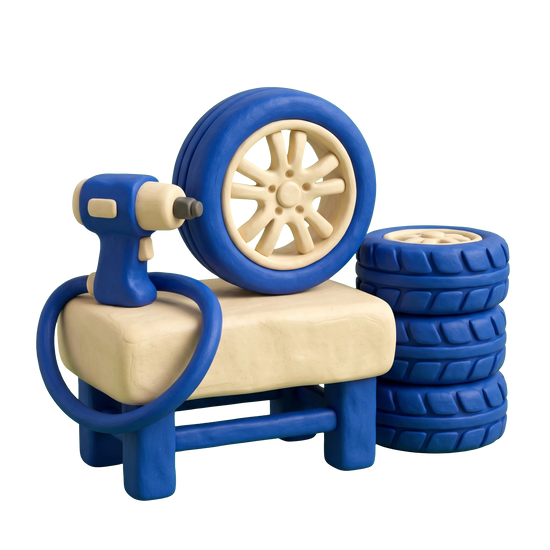 Wheel store illustration in blue and ivory clay
