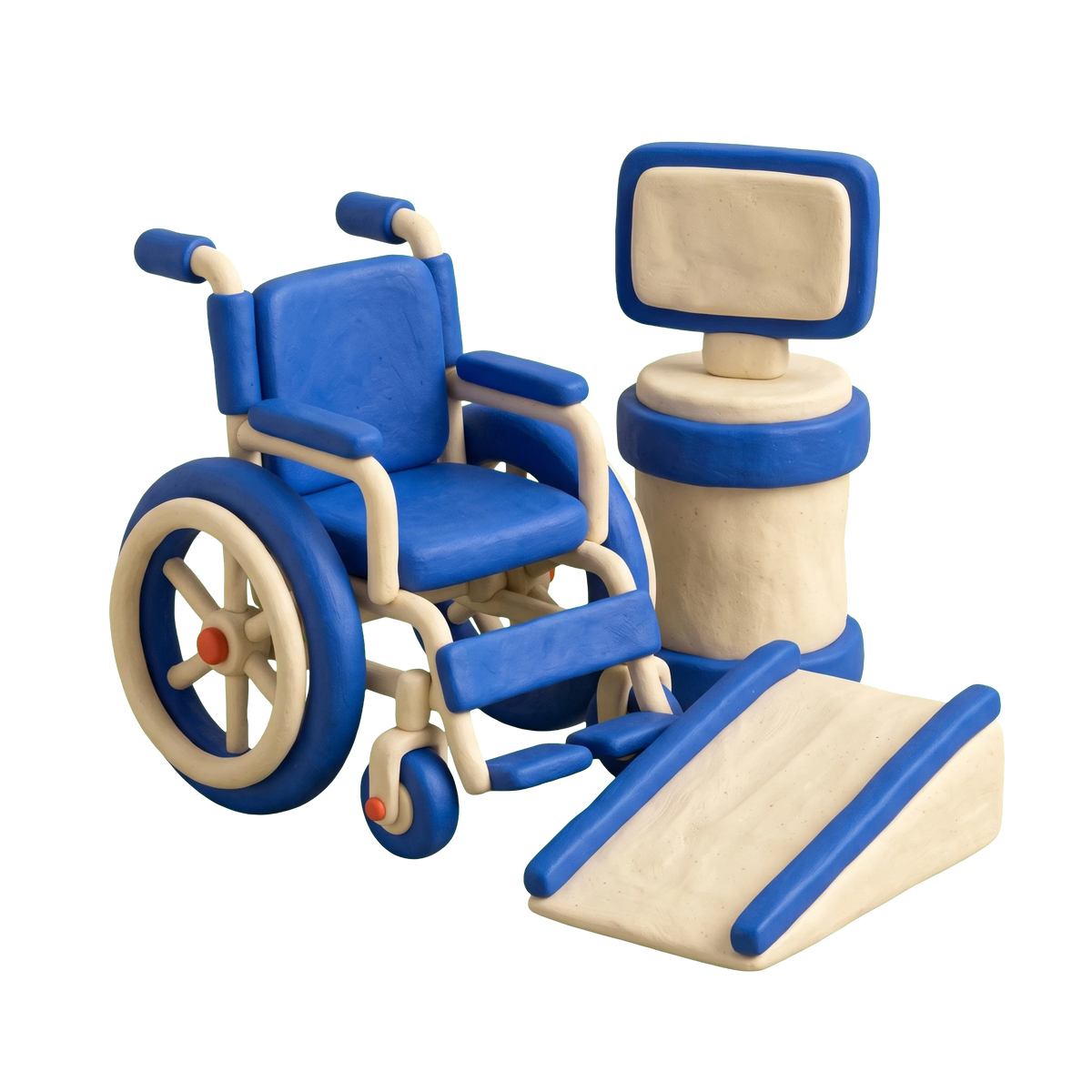 Wheelchair store illustration in blue and ivory clay