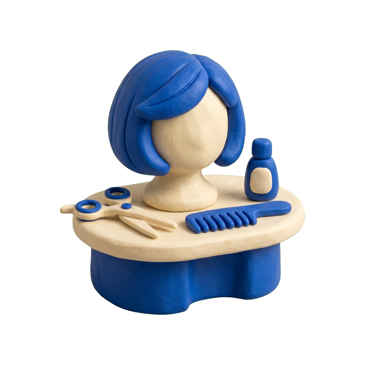 Wig shop illustration in blue and ivory clay