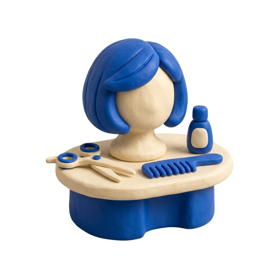 Wig shop illustration in blue and ivory clay