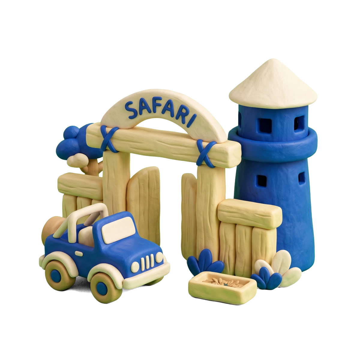 Wildlife park illustration in blue and ivory clay