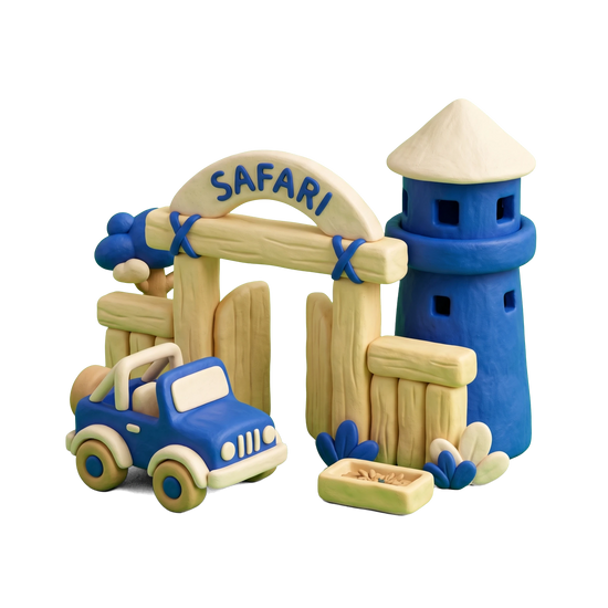 Wildlife park illustration in blue and ivory clay