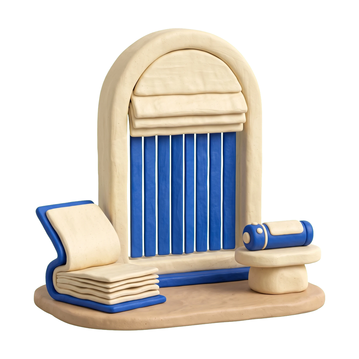 Window treatment store illustration in blue and ivory clay