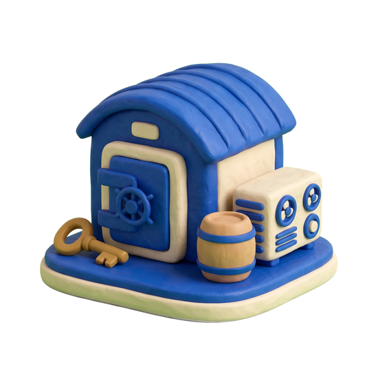 Wine storage facility illustration in blue and ivory clay