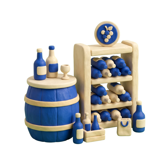 Wine store illustration in blue and ivory clay