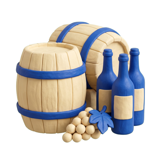Winery illustration in blue and ivory clay