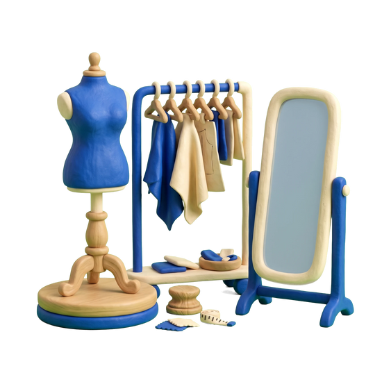 Women's clothing store illustration in blue and ivory clay