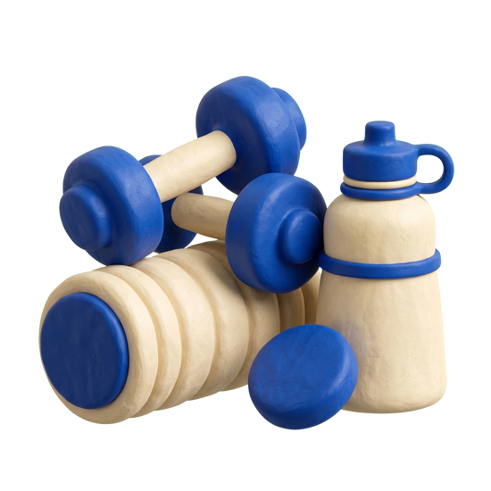 Women's personal trainer illustration in blue and ivory clay