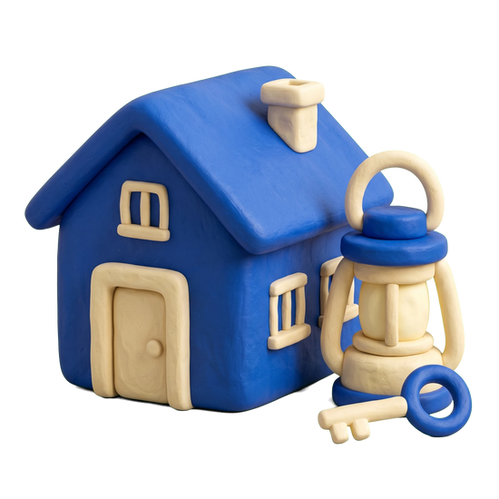 Women's shelter illustration in blue and ivory clay