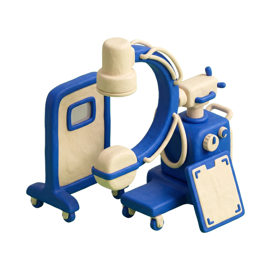 X-ray equipment supplier illustration in blue and ivory clay