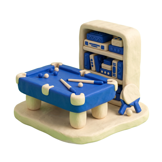 Youth center illustration in blue and ivory clay